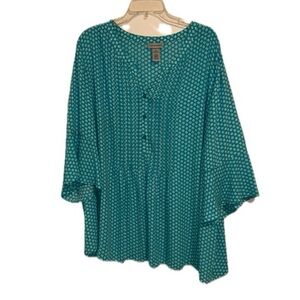 Catherines 3x 26/28W Turquoise and White Print Polyester Bell Sleeve Blouse